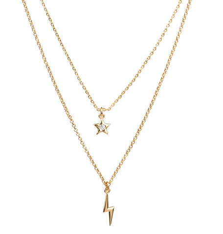 Collar doble acabado en Oro 18 Kt estrella y rayo