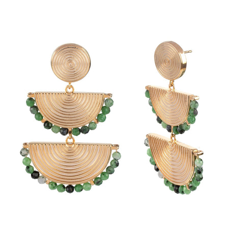 Zarcillos acabado en Oro 18 Kl doble Abanicos Piedras Verdes