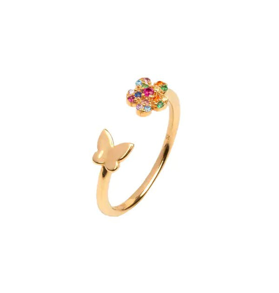 Anillo Plata acabada en Oro 18 Kt flor multicolor mariposa