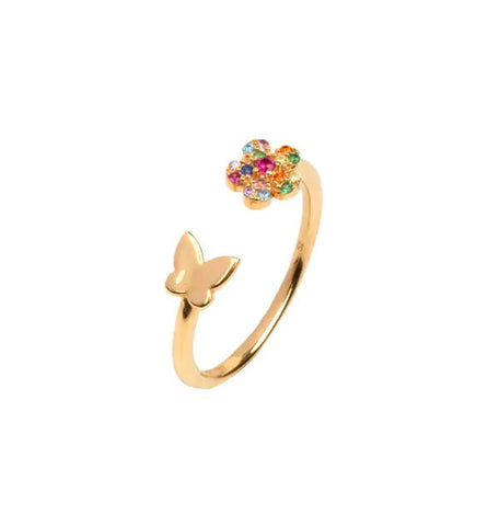 Anillo Plata acabada en Oro 18 Kt flor multicolor mariposa
