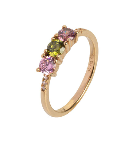 Anillo Plata acabado en Oro 18 kl triple Circonita Multicolor