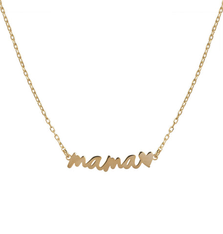 Collar Plata 1era Ley con acabado en Oro 18 Kt con la palabra mama y un corazon
