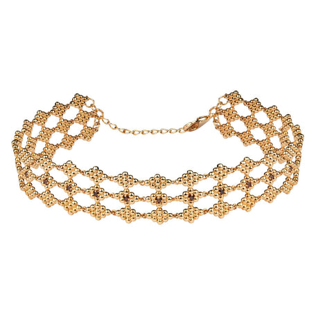 Choker triple acabado Oro 18kt Rombos Circonitas Marrón